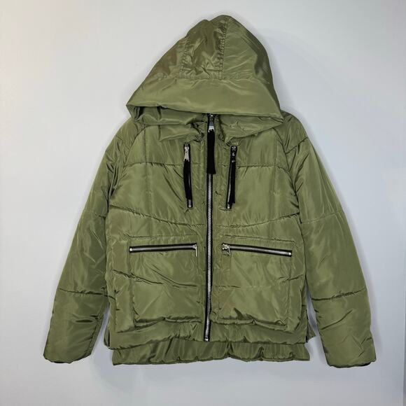 7 For All Mankind Green Satin Cropped Puffer Jacket Zip details women's S - Picture 1 of 14